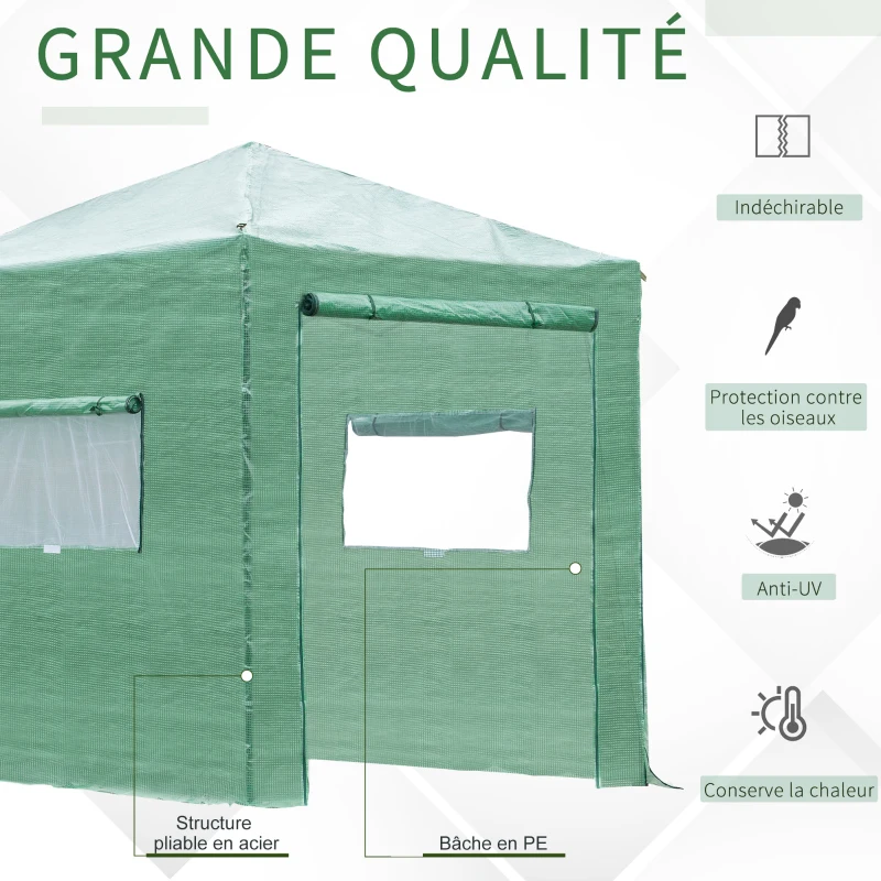 Serre de jardin pop-up porte + 2 fenêtres zippées enroulables sac transport PE vert