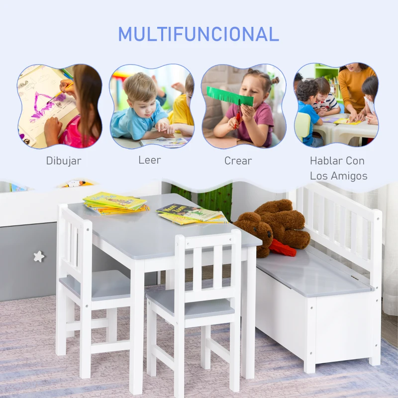 HOMCOM Mesa Infantil con 2 Sillas y Banco Juego de Muebles para Actividades para Niños de +3 Años para Dormitorio Gris y Blanco