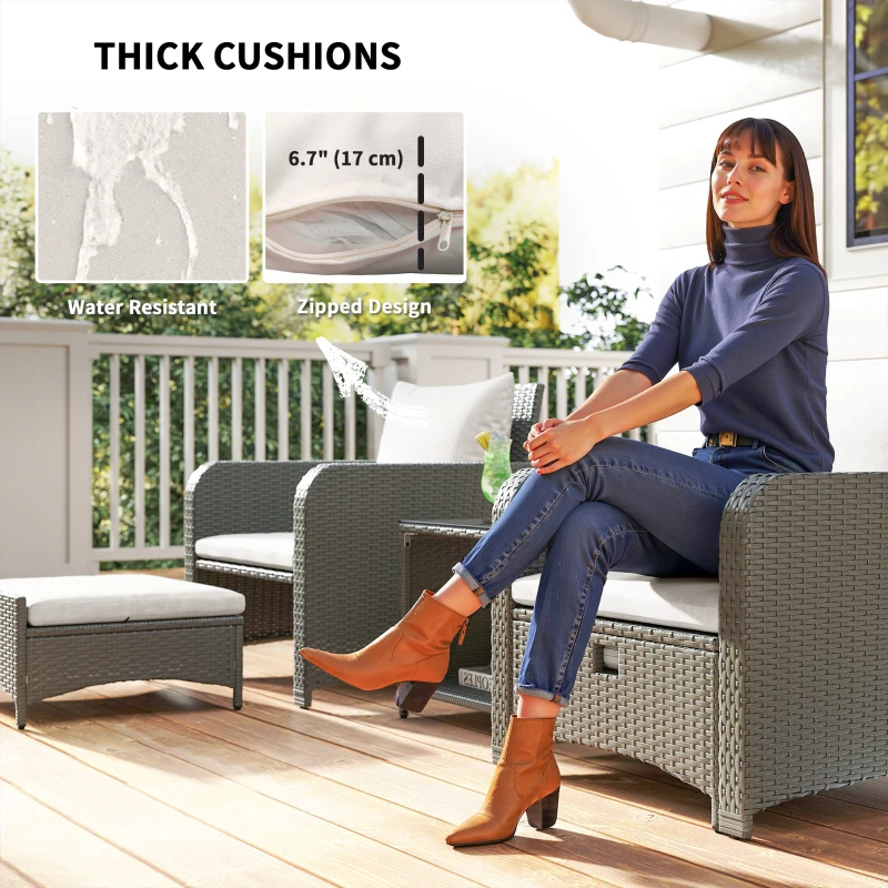 Outsunny Five Piece Rattan Garden Furniture Set with 2-Tier Coffee Table and Ottomans  - Cream White