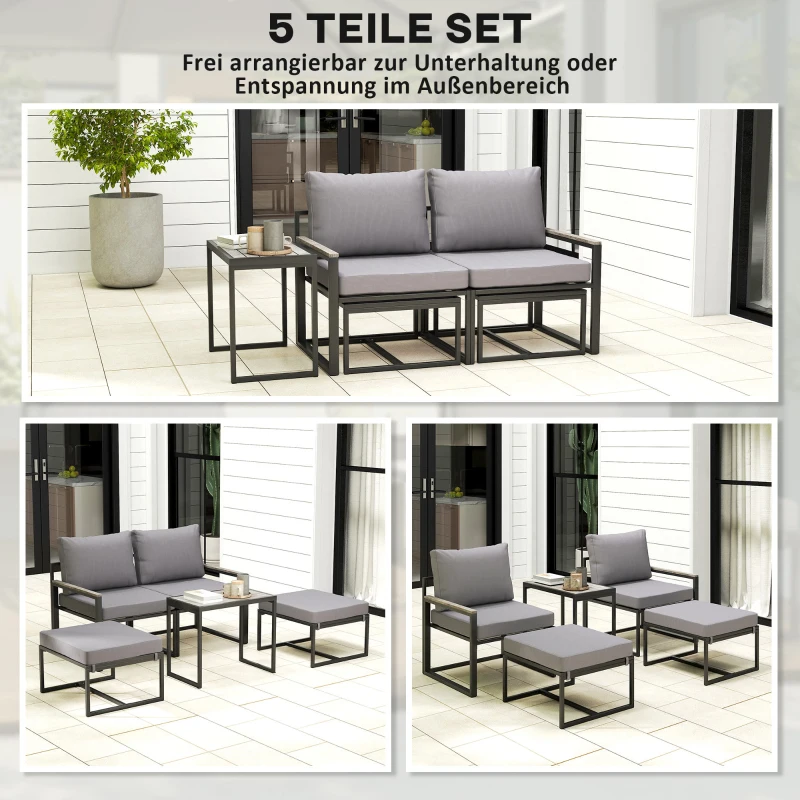 Outsunny Stahl Gartenmöbel Set 2 Personen wetterfest Balkonmöbel-Set mit 2 Sessel Sitzkissen Beistelltisch Grau