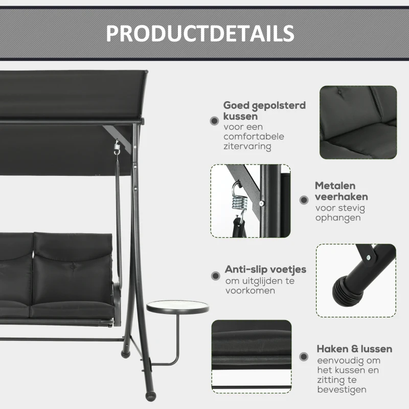Outsunny Hollywoodschommel, 3-Zits Tuinschommel met Verstelbaar Zonnedak, 278 x 125 x 177 cm, Zwart