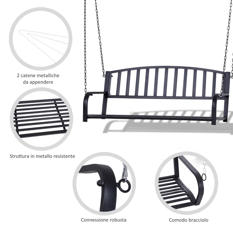Outsunny Dondolo Sospeso da Giardino con 2 Posti, Romantica Panchina in Metallo Nero per Esterni, 127 x 60 x 47cm