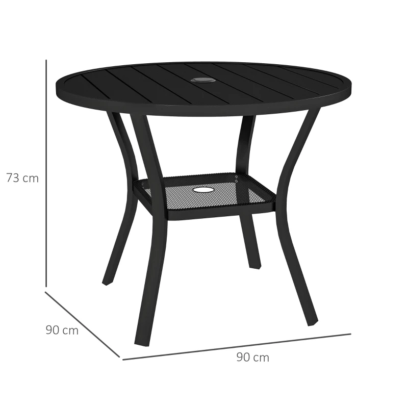 Outsunny Mesa de Comedor Exterior Redonda con Orificio para Sombrilla Estante Inferior y Estructura de Acero Ø90x73 cm Negro