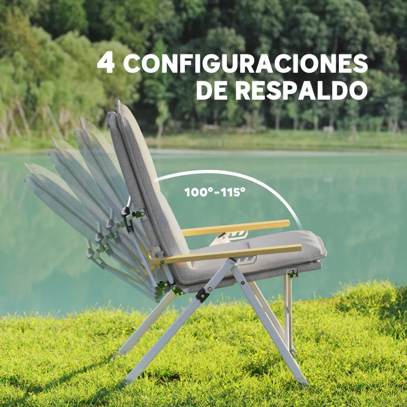 Outsunny Sillas de Camping Plegables de Aluminio con Respaldo Alto Ajustable Reposabrazos de Madera 59x67x96 cm Gris Claro