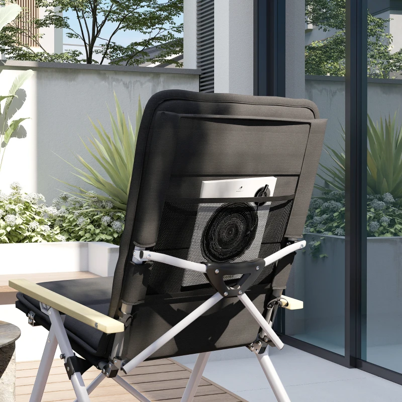 Outsunny Sillas de Camping Plegables de Aluminio con Respaldo Alto Ajustable Reposabrazos de Madera 59x67x96 cm Negro