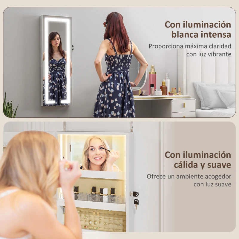 HOMCOM Espejo Joyero de Pared con Luces LED y Cerradura Armario de Joyas para Colgar en la Pared o en la Puerta Blanco