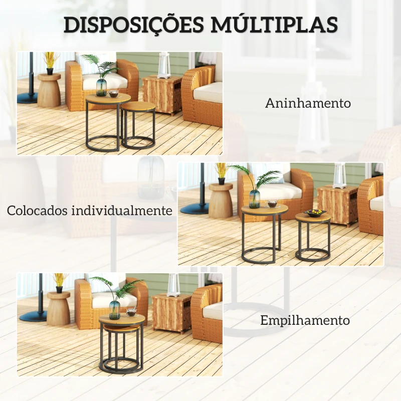 Outsunny Conjunto de 2 Mesas de Jardim com Bancada de Madeira de Acácia Design Ripas Mesas Auxiliares de Jardim Empilháveis Teca e Preto