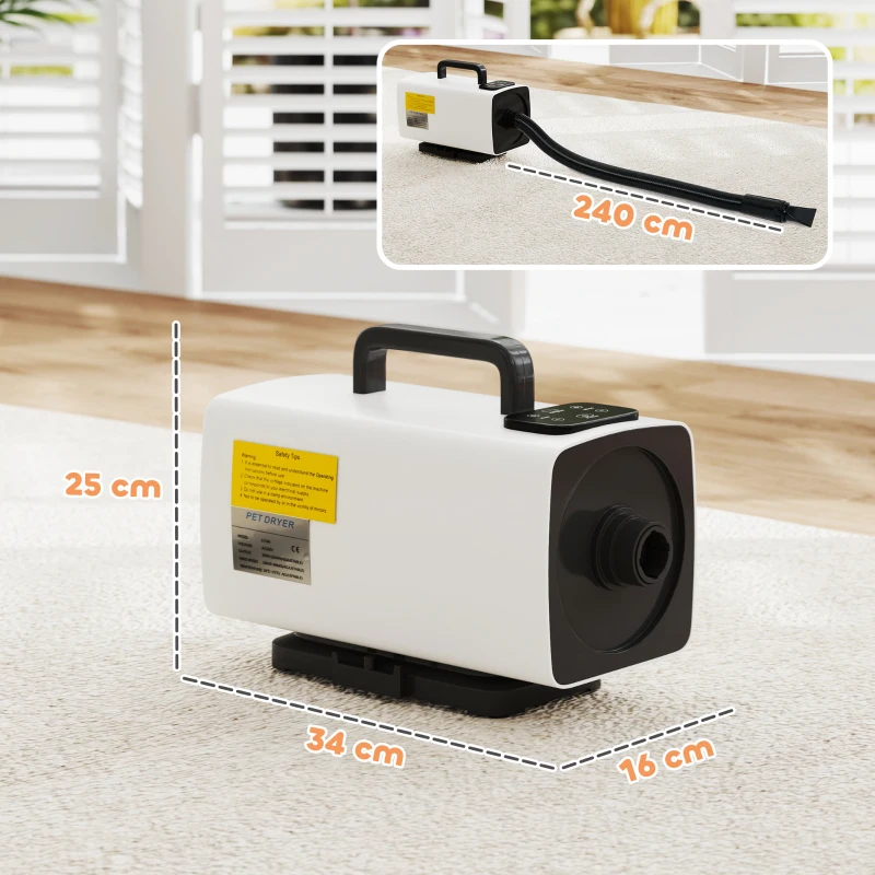PawHut Secador para Perros de 2200W con Pantalla Digital Velocidad y Temperatura Ajustables 3 Boquillas Blanco