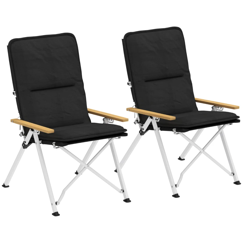Outsunny Sillas de Camping Plegables de Aluminio con Respaldo Alto Ajustable Reposabrazos de Madera 59x67x96 cm Negro