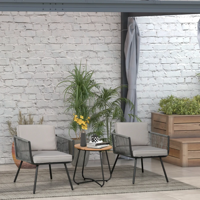Outsunny Conjunto de Muebles de Jardín de Ratán 3 Piezas Incluye 1 Mesa y 2 Sillones con Cojines Acolchados Gris
