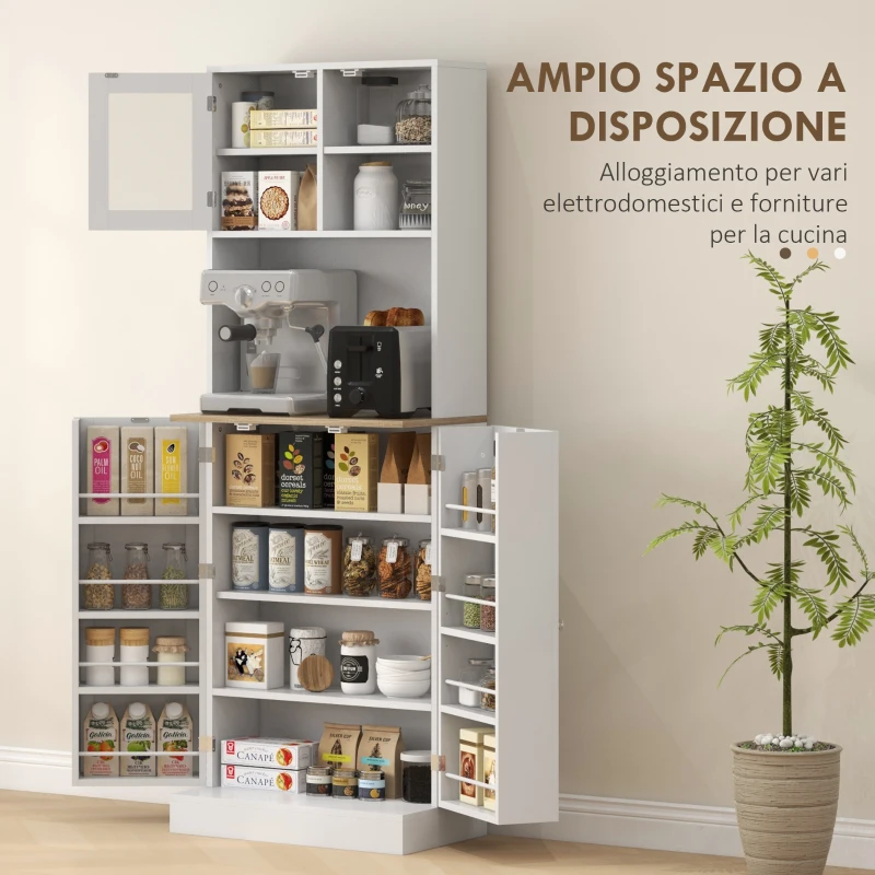 HOMCOM Dispensa da Cucina Porta Microonde con Ripiani Aperti e Armadietto con Portaspezie, 60x35x169 cm, Bianco