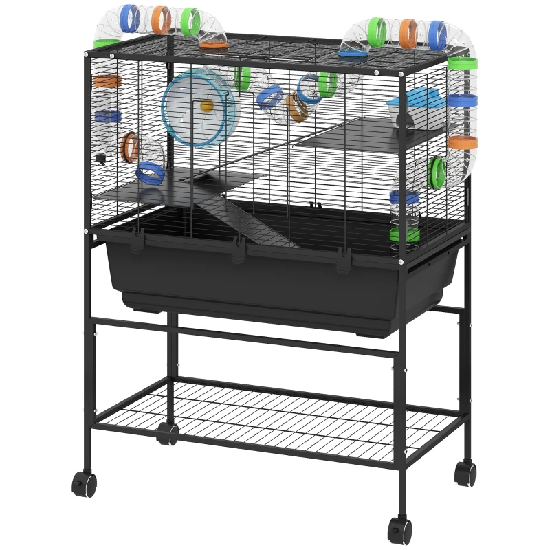 PawHut 3 Tier Large Hamster Cage on Wheels with 17 cm Deep Tray, Storage Shelf for Syrian, Gerbil, Rats