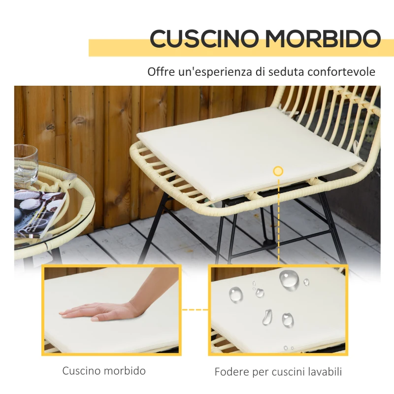Outsunny Set Mobili da Giardino 3 Pezzi con Tavolino e Sedie in Rattan PE, Poilestere e Acciaio per Esterni, Crema