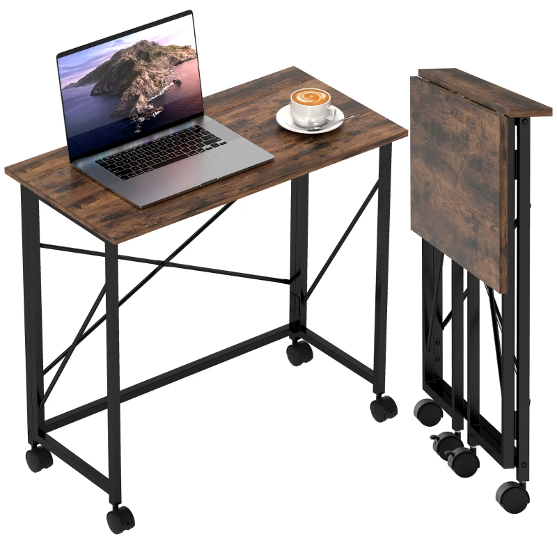 HOMCOM 80 cm Folding Desk on Wheels - Rustic Brown