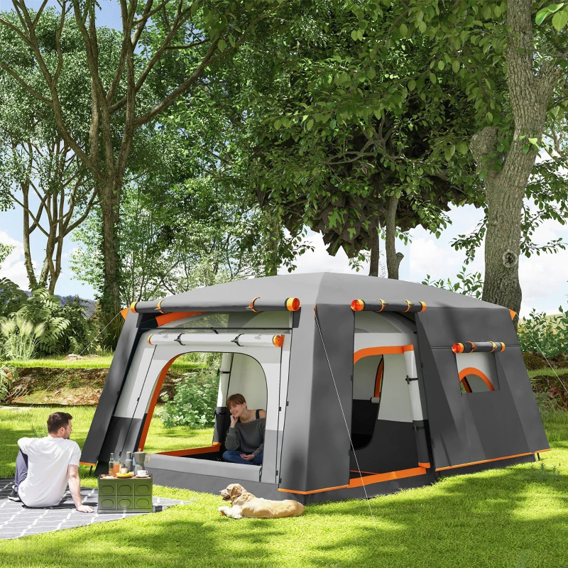 Outsunny Tente de camping familiale 4-5 personnes, tente tunnel imperméable, portes + fenêtres, 4,3 x 3 x 1,95 m, gris foncé