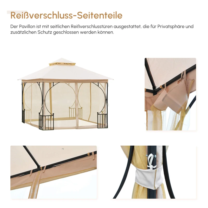 Outsunny Gartenpavillon Gartenzelt,  inkl. Befestigungsmaterial, wetterbeständig, 295 cm x 295 cm x 275 cm. Beige + Schwarz
