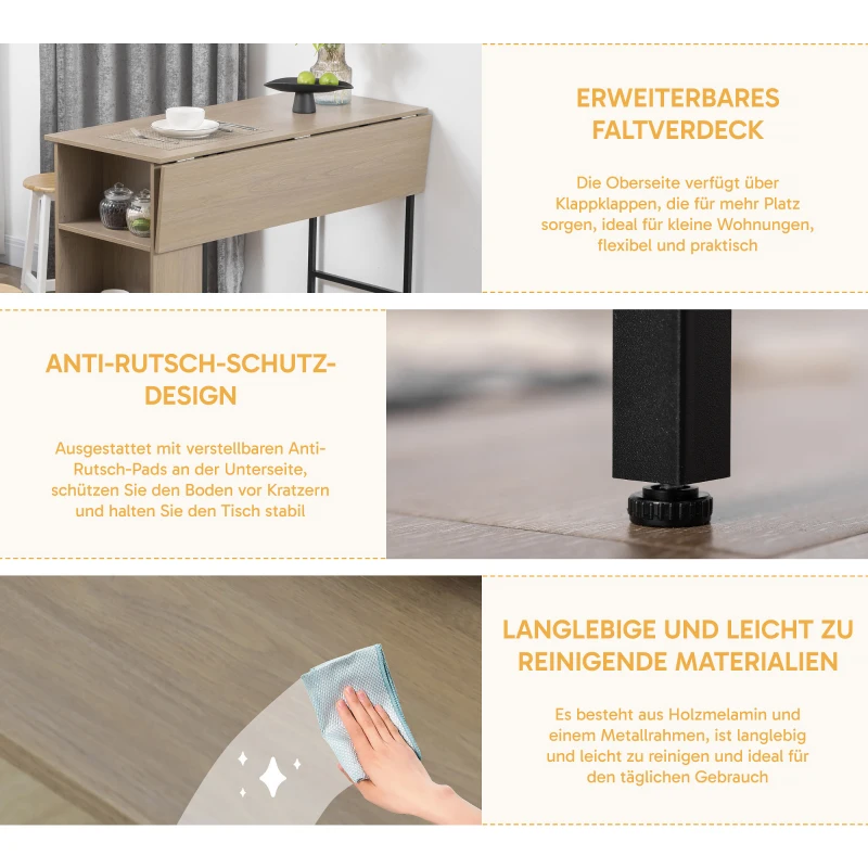 HOMCOM Zentrale Insel Bar-Tisch mit klappbarer Seitenplatte und 3 Regalen 120 x 76 x 91,4 cm Hellgrau