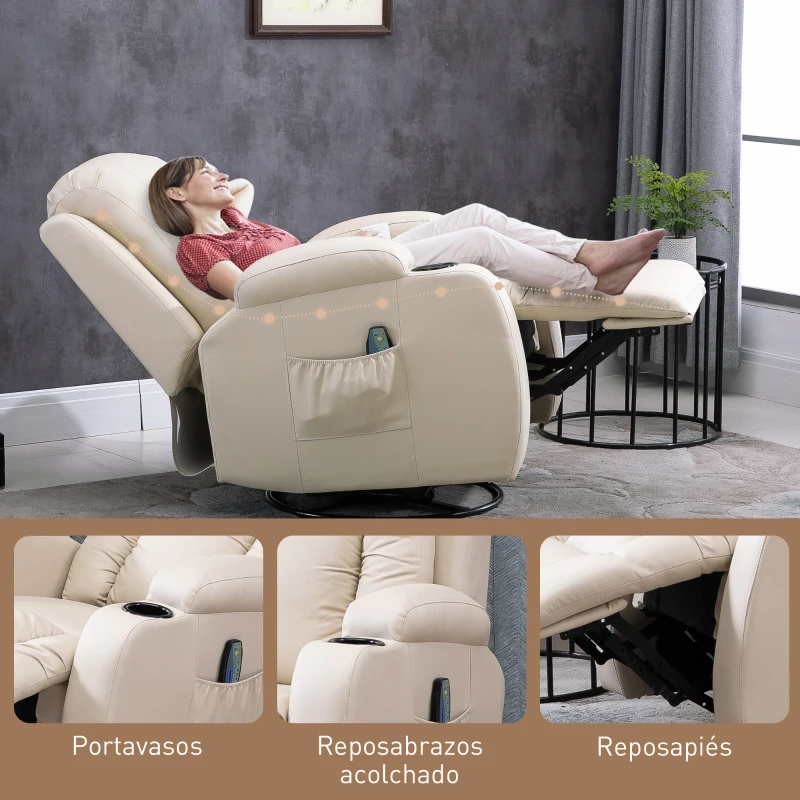 HOMCOM Sillón de Masaje Reclinable Sillón Relax con 8 Puntos de Masaje Vibrante Función de Calefacción 85x94x104 cm Crema
