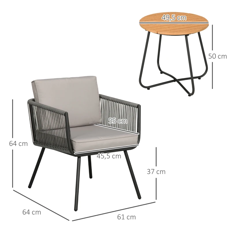Outsunny Conjunto de Muebles de Jardín de Ratán 3 Piezas Incluye 1 Mesa y 2 Sillones con Cojines Acolchados Gris