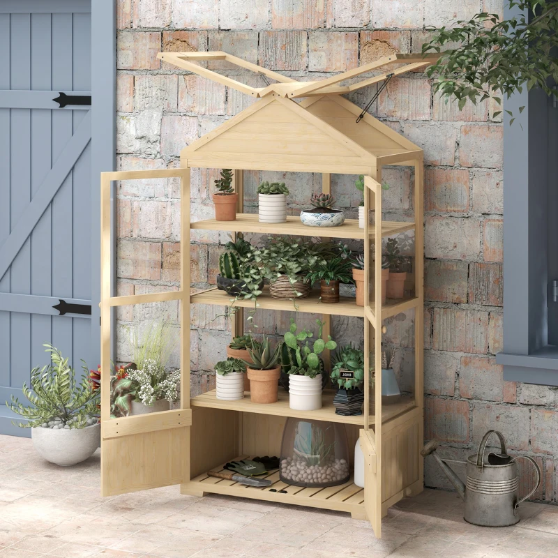 Outsunny Serre avec Étagère, Fenêtre de Toit, Porte Verrouillable, Acrylique, Cadre en Bois, 100 x 56,5 x 178 cm