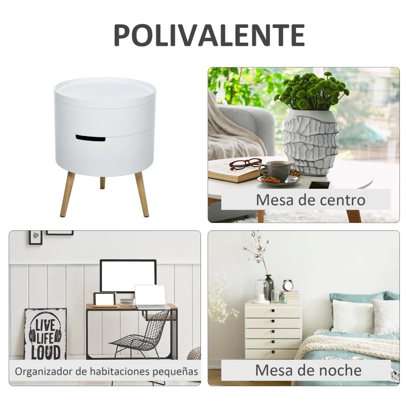 HOMCOM Mesita de noche - mesa de centro con 2 compartimentos de almacenamiento - tapa de MDF - dim. Ø 38 x 48 cm - blanco