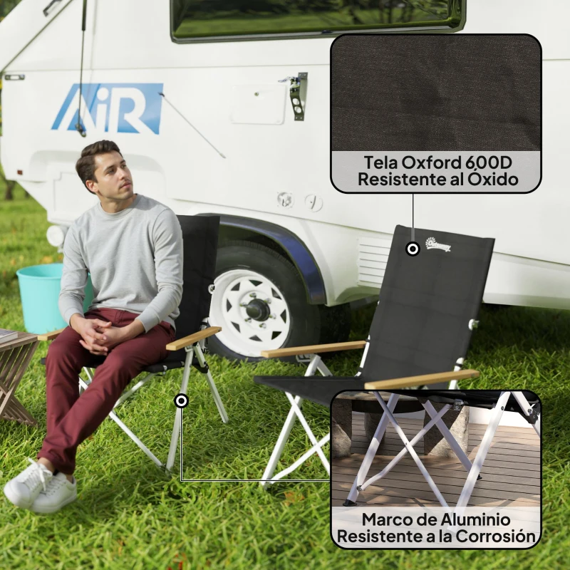 Outsunny Sillas de Camping Plegables de Aluminio con Respaldo Alto Ajustable Reposabrazos de Madera 59x67x96 cm Negro