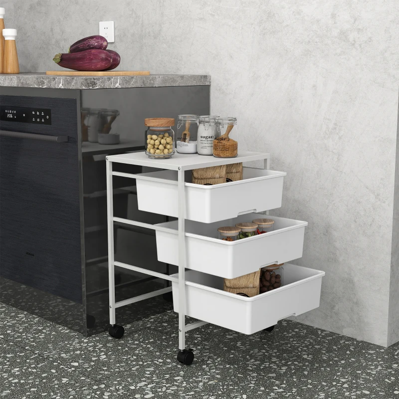 HOMCOM Beistellwagen mit Rädern, 3 Körbe für Transport und Aufbewahrung, Küchenwagen, 40,8L x 33,5B x 60,5H cm, Weiß