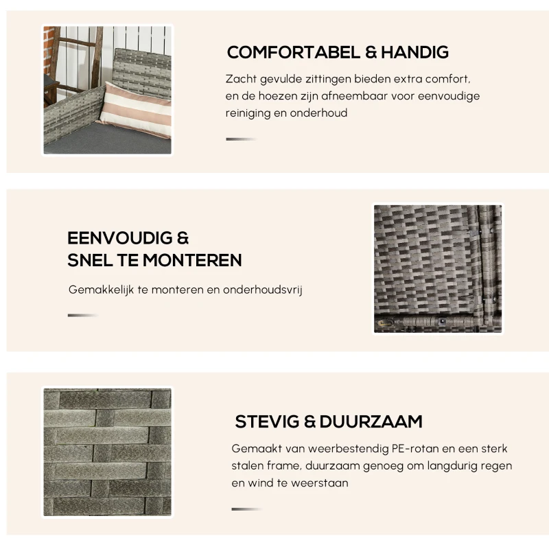 Outsunny rotan bank met kussens, driezits loungebank, staal, grijs, 173 x 68 x 78 cm Outdoor loungebank kussen driezits staalgrijs