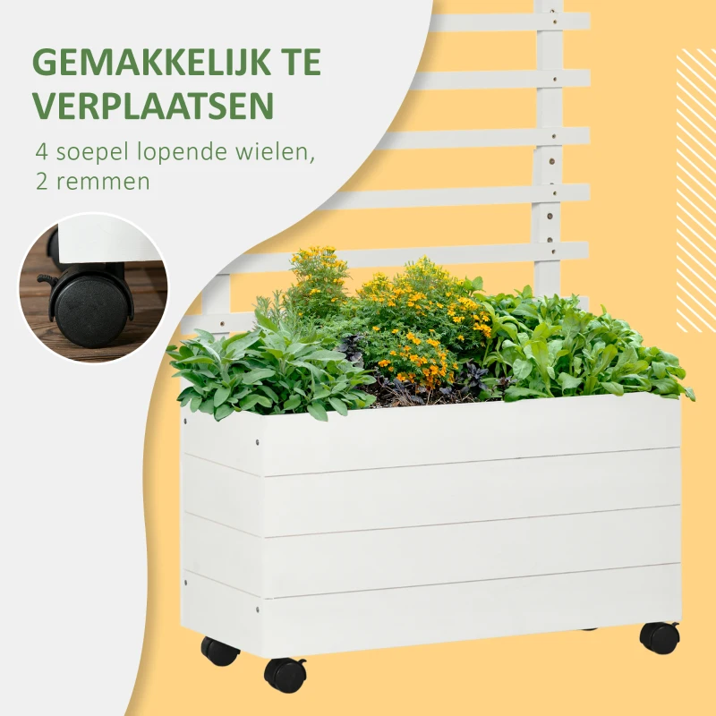 Outsunny plantenbak met trellis wielen bloembak met trellis hout wit