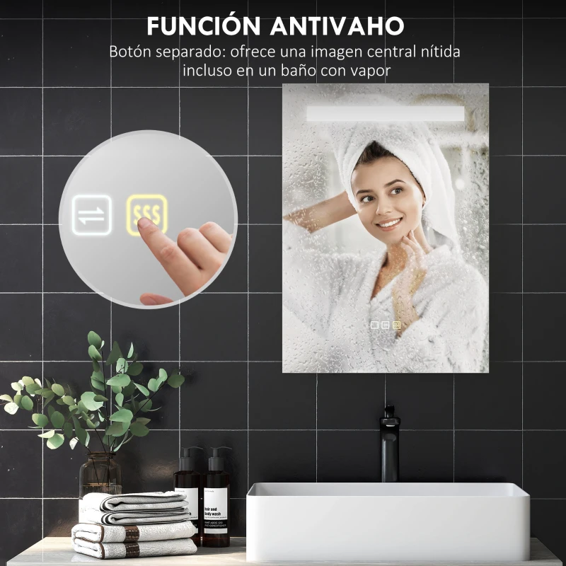 HOMCOM Espejo de Baño con Luz LED 70x50 cm con 3 Colores de Luz Función Antivaho Función de Memoria IP44
