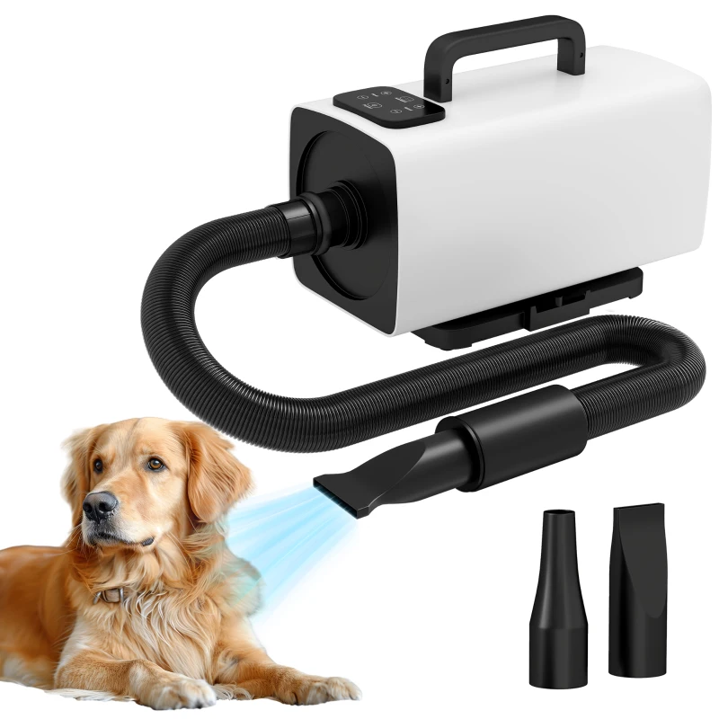 PawHut Secador para Perros de 2200W con Pantalla Digital Velocidad y Temperatura Ajustables 3 Boquillas Blanco