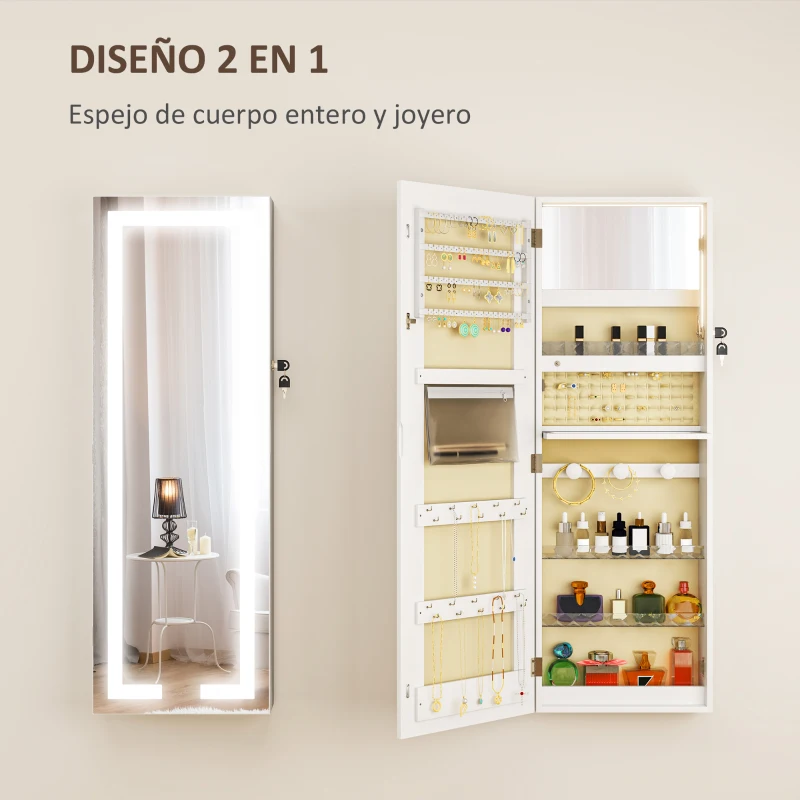 HOMCOM Espejo Joyero de Pared con Luces LED y Cerradura Armario de Joyas para Colgar en la Pared o en la Puerta Blanco
