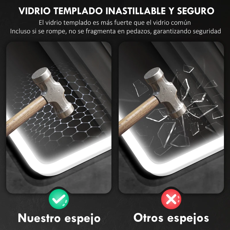 HOMCOM Espejo de Baño con Luz LED 80x60 cm con Bluetooth 3 Colores de Luz Función Antivaho Función de Memoria IP44