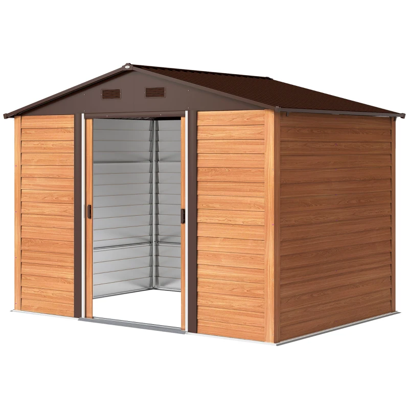Outsunny Casetta da Giardino in Acciaio Effetto Legno e Doppie Porte Scorrevoli, 278x195x215 cm, Marrone