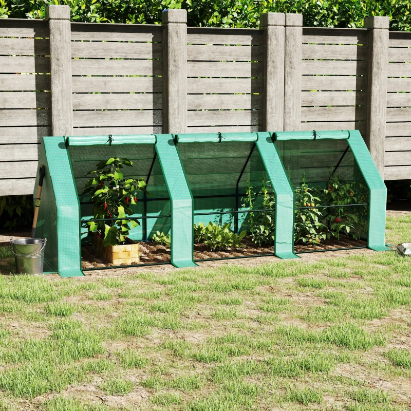 Outsunny Gewächshaus mit 3 Rollfenster, PE-Gitterfolie, Foliengewächshaus aus Stahl, Treibhaus für Balkon, Garten, Tomatenhaus 270x90x90cm, Tomatengewächshaus für Gemüse, Blumen, Pflanzen, Grün