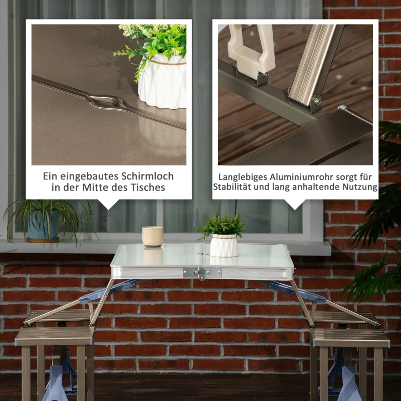 Outsunny Alu Campingtisch Klapptisch Picknicktisch Picknick-Koffer-Sitzgruppe Klapptisch-Gruppe mit 4 Sitzen Silber Alu + MDF 136 x 85,5 x 66 cm