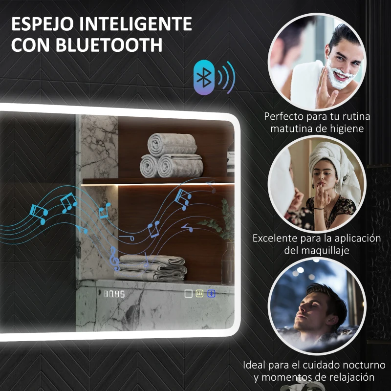 HOMCOM Espejo de Baño con Luz LED 80x60 cm con Bluetooth 3 Colores de Luz Función Antivaho Función de Memoria IP44