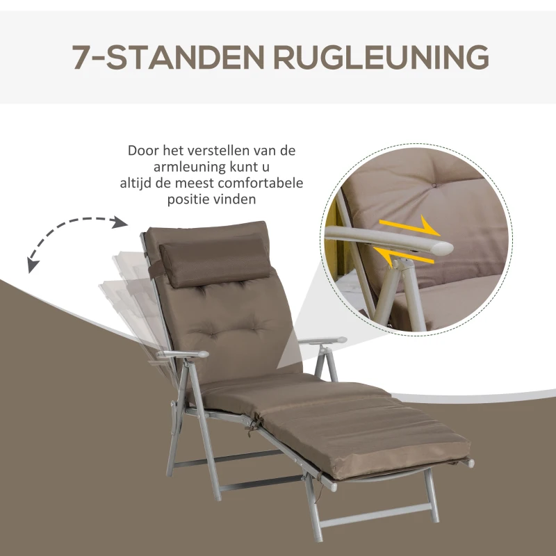 Outsunny Inklapbaar Ligbed Tuin Metalen Frame, Comfortabele Ligstoel Met Kussens, bruin
