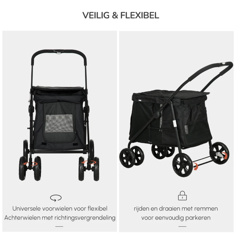 PawHut Hondenbuggy met Kussen, 3 Zijvakken, Opvouwbaar, Hondenkar, 102 cm x 62 cm x 105 cm, Zwart(m-6)