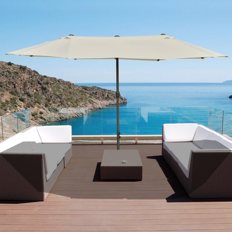 Outsunny Sombrilla Doble para Jardín 455x265x238 cm Parasol Grande con Manivela Manual Resistente al Agua Protección Solar Crema