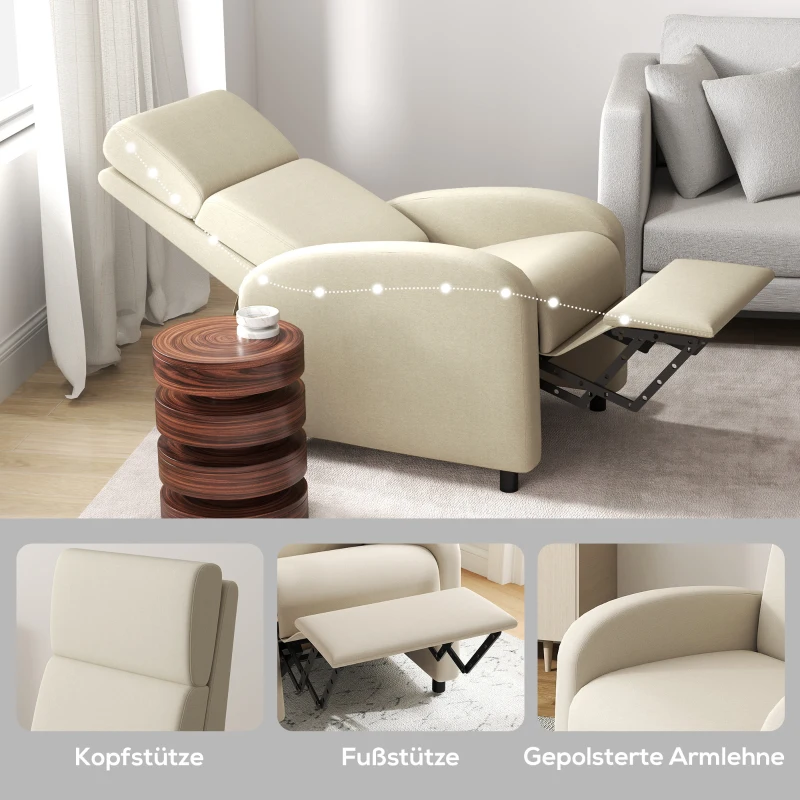HOMCOM Relaxfauteuil Televisiestoel, Uitklapbare Voetensteun, Kantelbaar tot 160°, 64 x 86 x 102 cm, Crème(m-8)