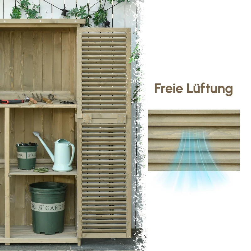 Outsunny Gartenschrank Holz Geräteschuppen Gerätehaus mit Asphaltdach Lamellentür Geräteschrank Schuppen Garten 4 Fächer Grau 87 x 46,5 x 160 cm
