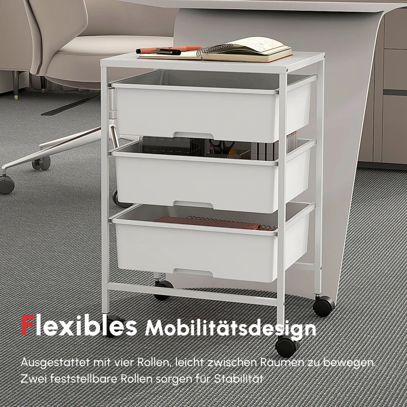 HOMCOM Beistellwagen mit Rädern, 3 Körbe für Transport und Aufbewahrung, Küchenwagen, 40,8L x 33,5B x 60,5H cm, Weiß