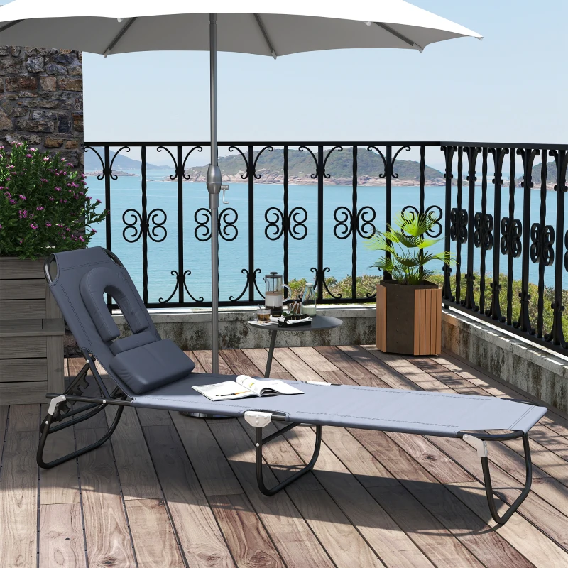 Outsunny Sonnenliege klappbar Gartenliege mit Kopfkissen Liegestuhl mit 4-Fach verstellbare Rückenlehne Campingliege mit Lesefenster Gartenstuhl bis 120kg belastbar für Garten, Balkon Grau