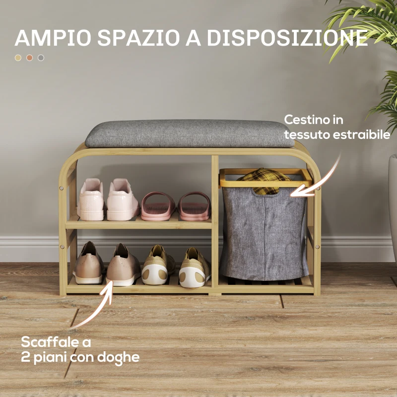 HOMCOM Panca Scarpiera da Ingresso con Seduta Imbottita, Design a Doghe e Cestino Estraibile, 70x30x45 cm, Legno