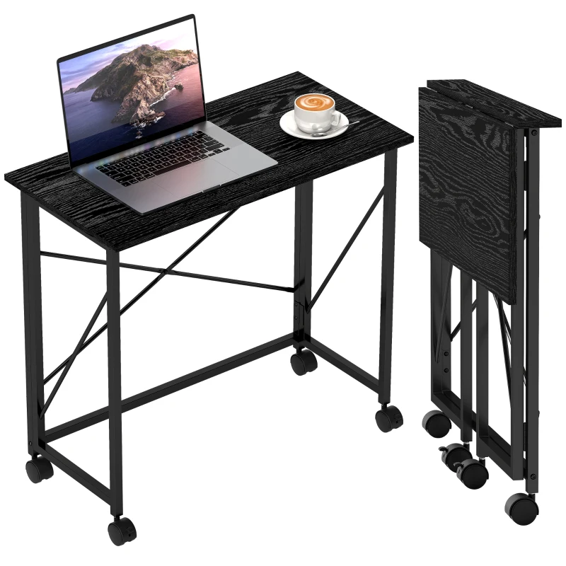 HOMCOM Escritorio Plegable con Ruedas y Estructura Resistente Ideal para Oficina y Estudio 80x40x75 cm Negro