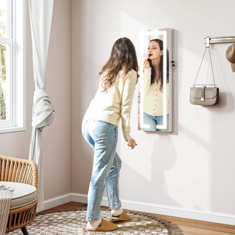 HOMCOM Espejo Joyero de Pared con Luces LED y Cerradura Armario de Joyas para Colgar en la Pared o en la Puerta Blanco