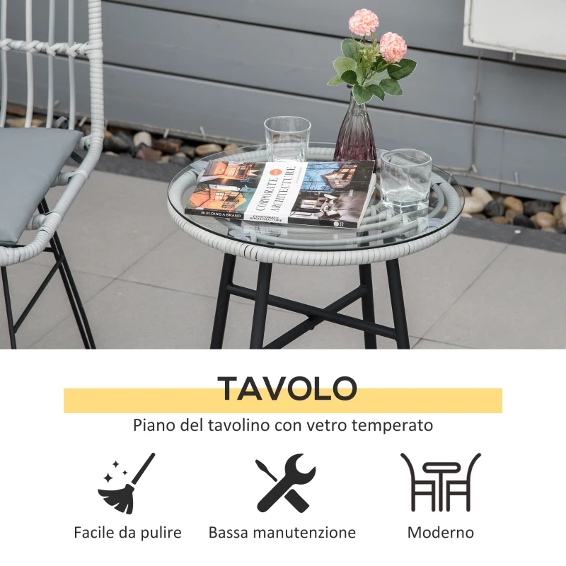 Outsunny Set Mobili da Giardino 3 Pezzi con Tavolino e Sedie in Rattan PE, Poilestere e Acciaio per Esterni, Grigio
