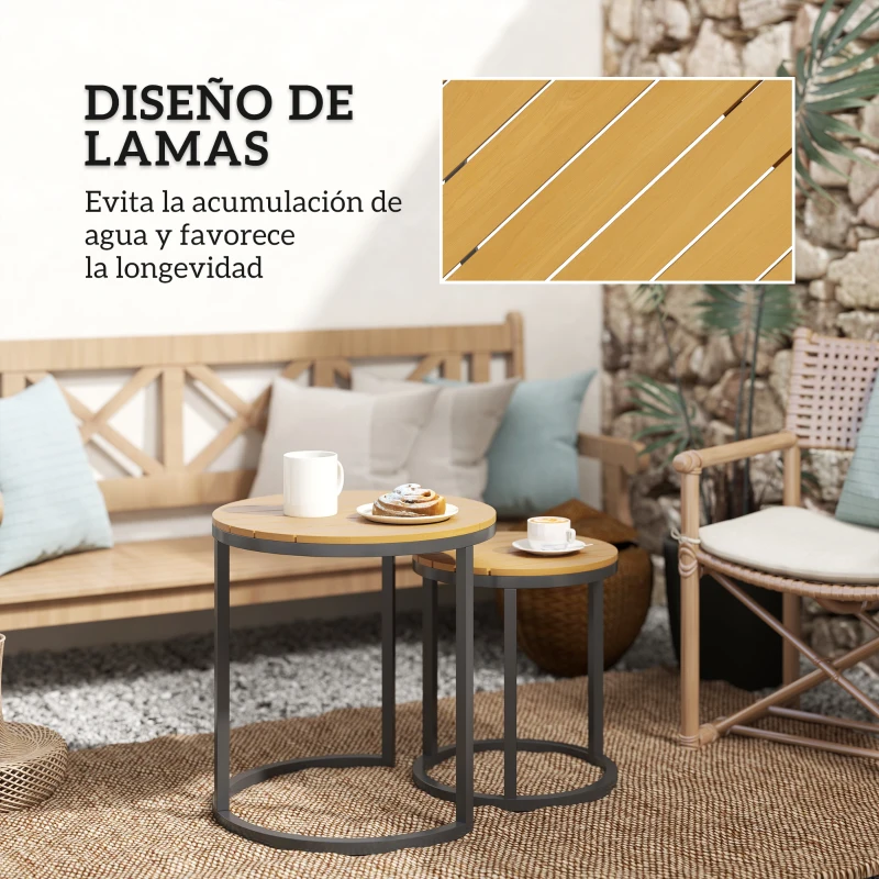 Outsunny Juego de 2 Mesas de Jardín con Encimera de Madera de Acaica Diseño Listones con Marco de Acero y Pies Ajustables Teca