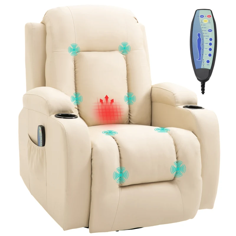 HOMCOM Sillón de Masaje Reclinable Sillón Relax con 8 Puntos de Masaje Vibrante Función de Calefacción 85x94x104 cm Crema